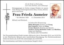 Traueranzeige Frieda Aumeier