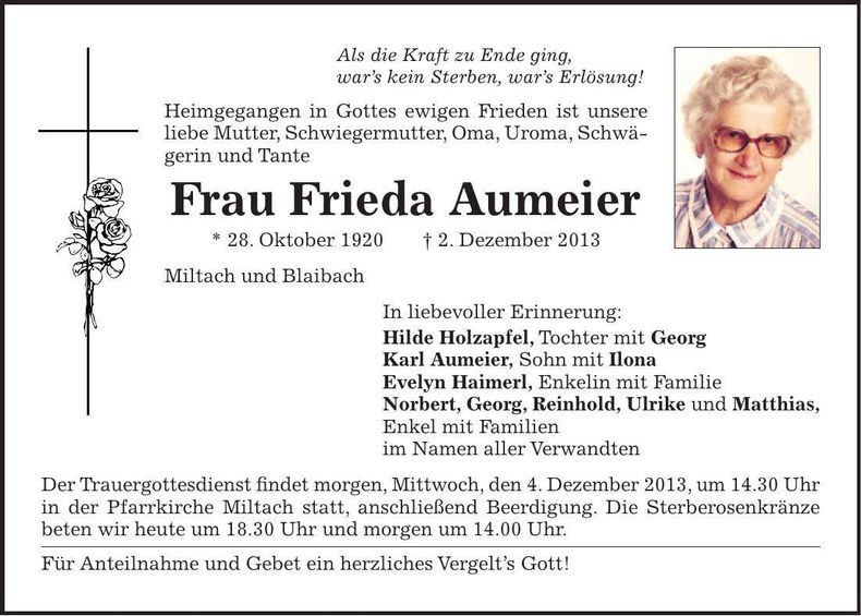 Traueranzeige Frieda Aumeier