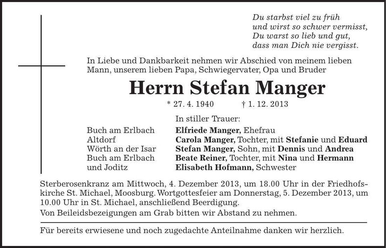 Traueranzeige Stefan Manger