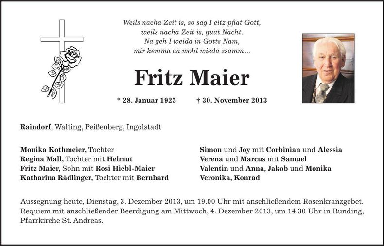 Traueranzeige Fritz Maier