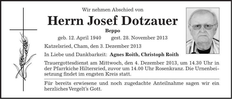 Traueranzeige Josef Dotzauer