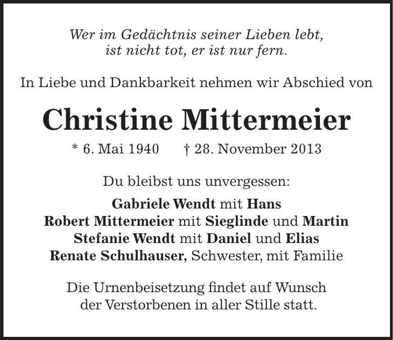 Traueranzeige Christine Mittermeier