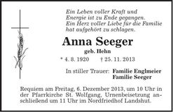 Traueranzeige Anna Seeger