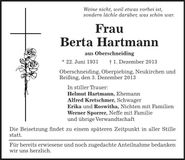 Traueranzeige Berta Hartmann