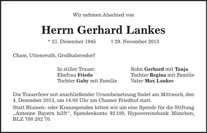 Traueranzeige Gerhard Lankes