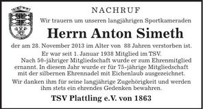 Traueranzeige Anton Simeth