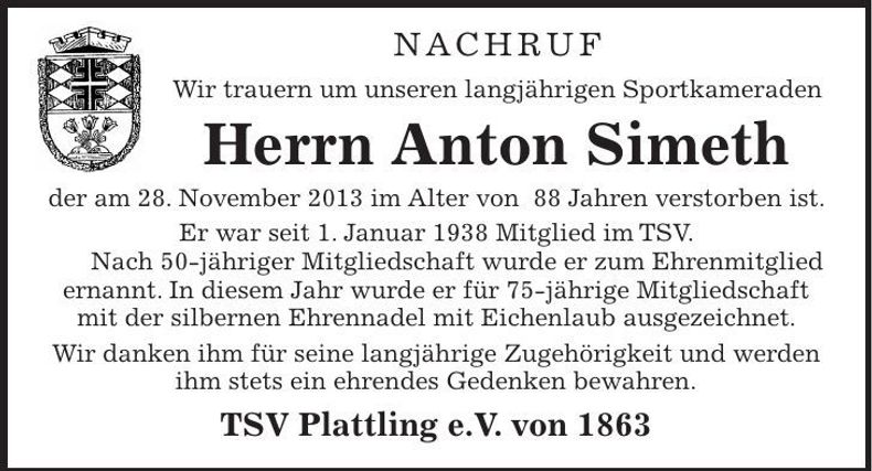 Traueranzeige Anton Simeth