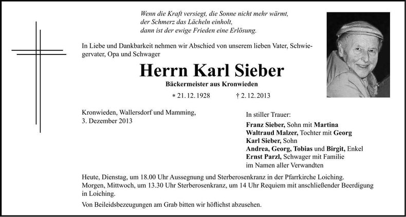 Traueranzeige Karl Sieber