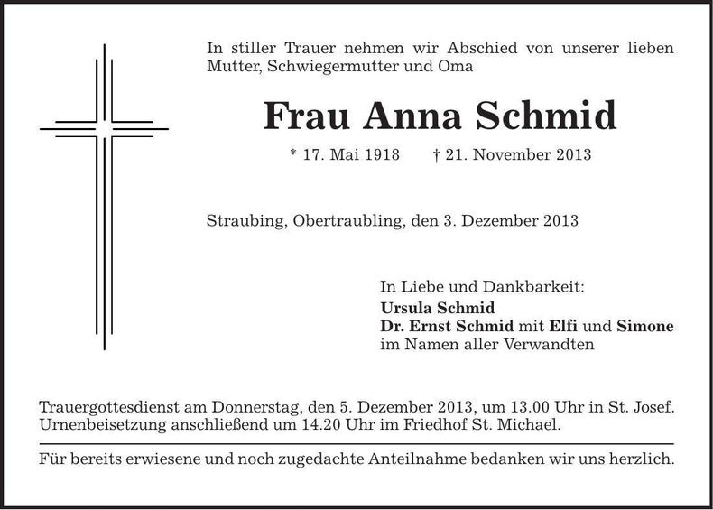 Traueranzeige Anna Schmid