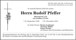Traueranzeige Rudolf Pfeffer