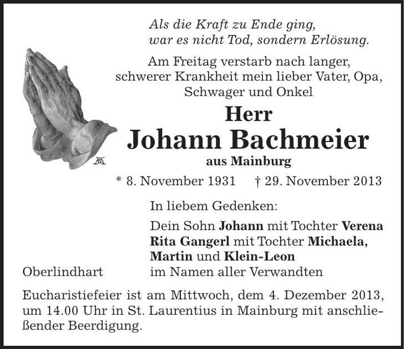 Traueranzeige Johann Bachmeier