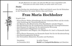 Traueranzeige Maria Hochholzer