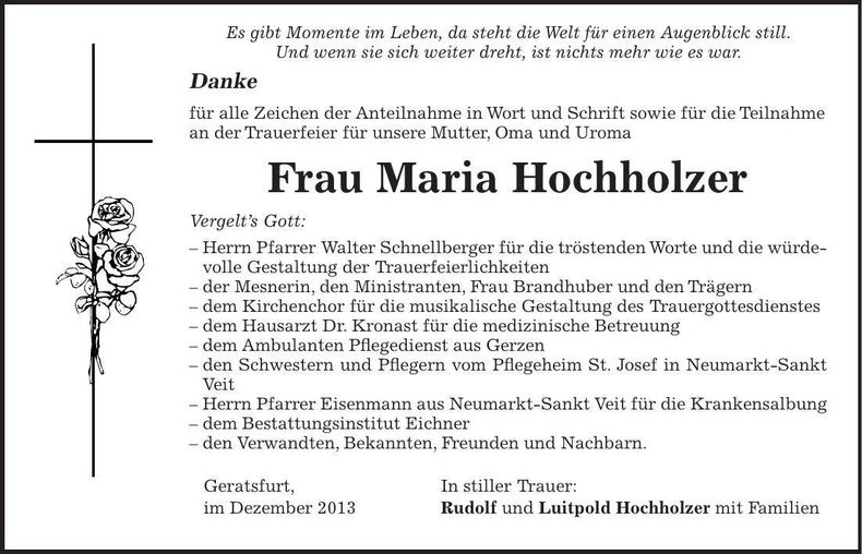 Traueranzeige Maria Hochholzer