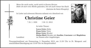 Traueranzeige Christine Geier
