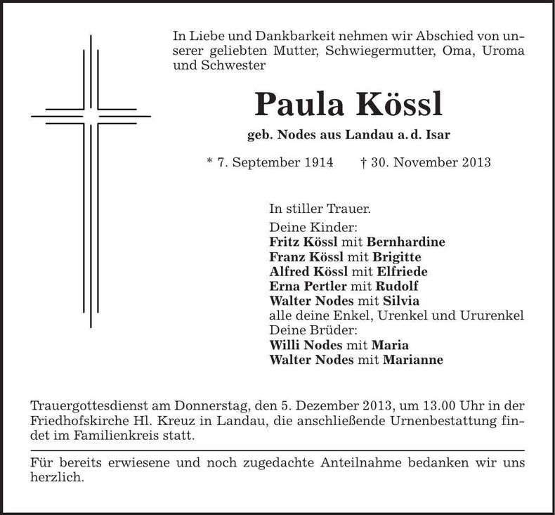 Traueranzeige Paula Kössl