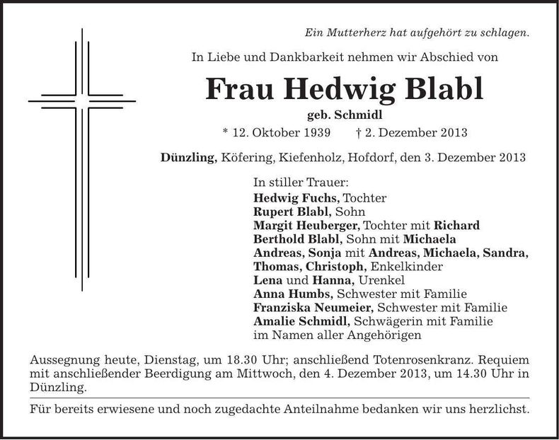 Traueranzeige Hedwig Blabl