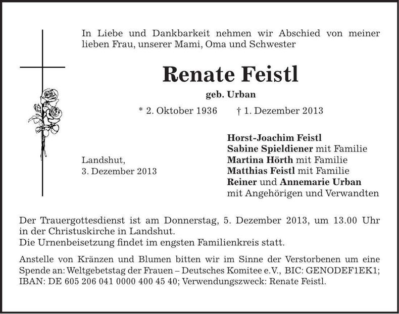Traueranzeige Renate Feistl
