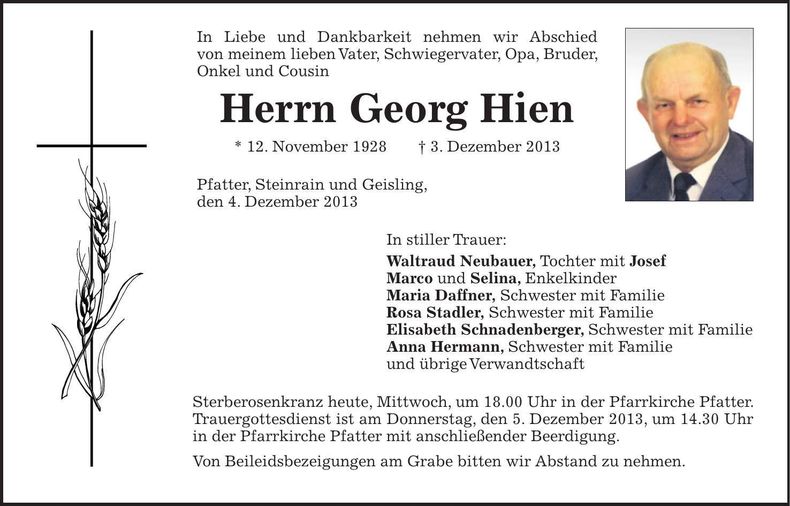 Traueranzeige Georg Hien