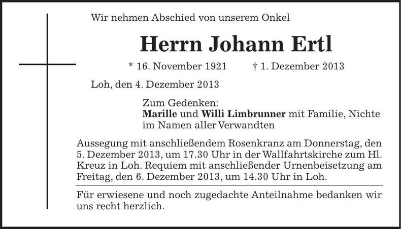 Traueranzeige Johann Ertl