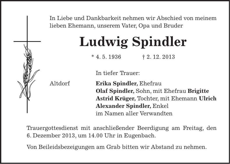Traueranzeige Ludwig Spindler