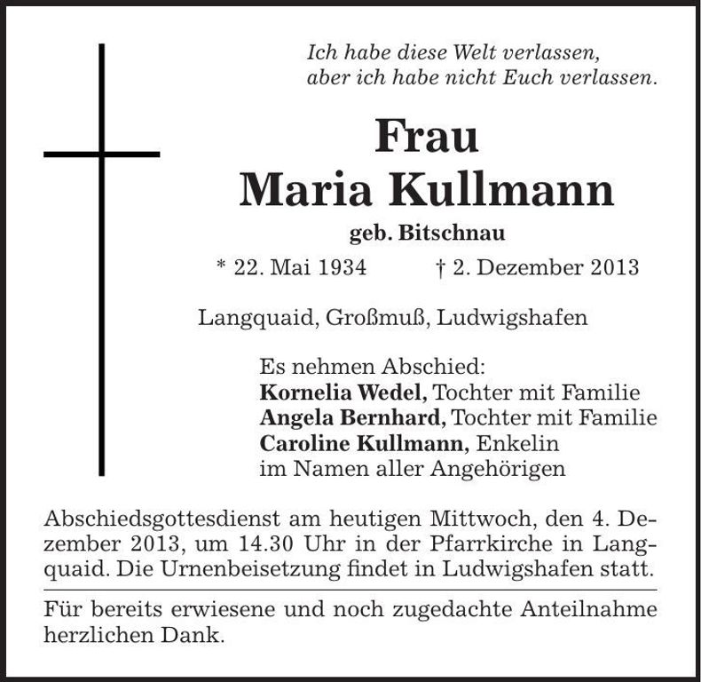 Traueranzeige Maria Kullmann