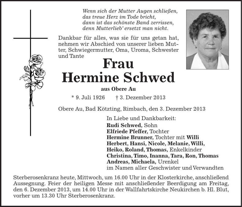 Traueranzeige Hermine Schwed