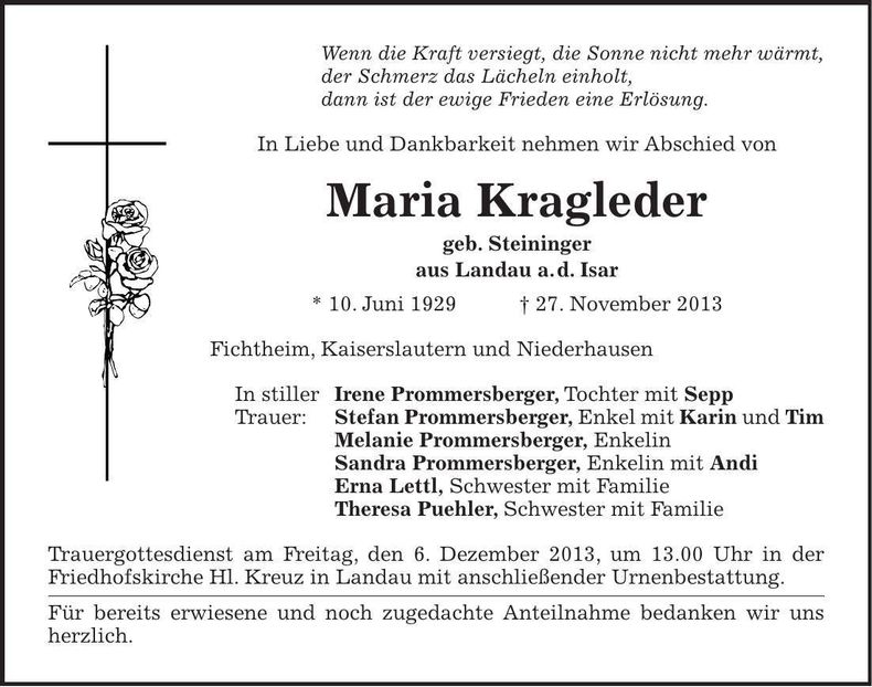 Traueranzeige Maria Kragleder