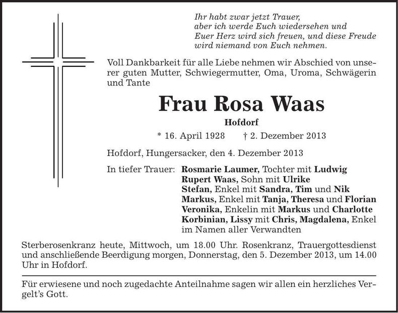 Traueranzeige Rosa Waas