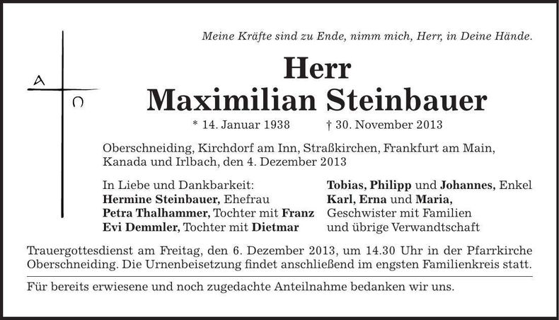 Traueranzeige Maximilian Steinbauer