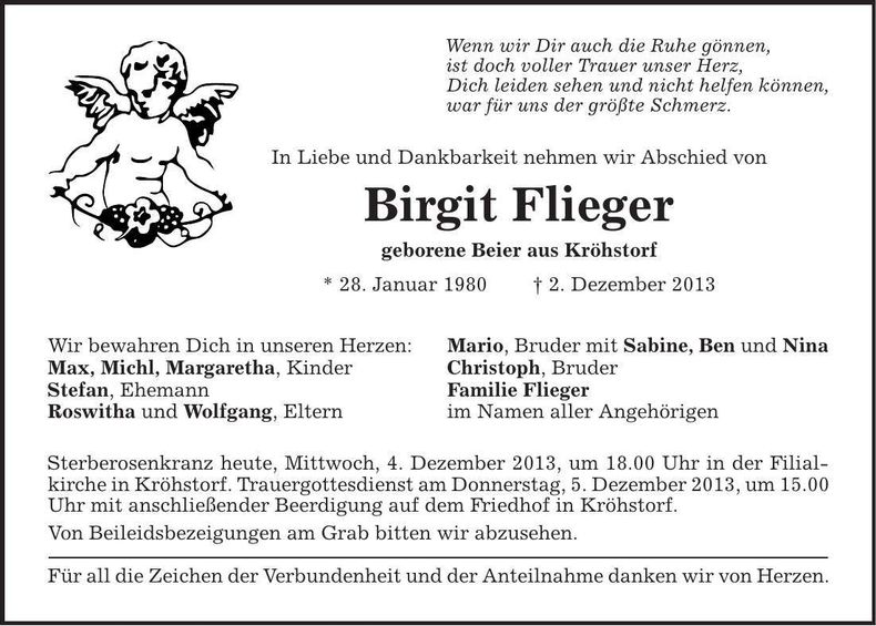 Traueranzeige Birgit Flieger