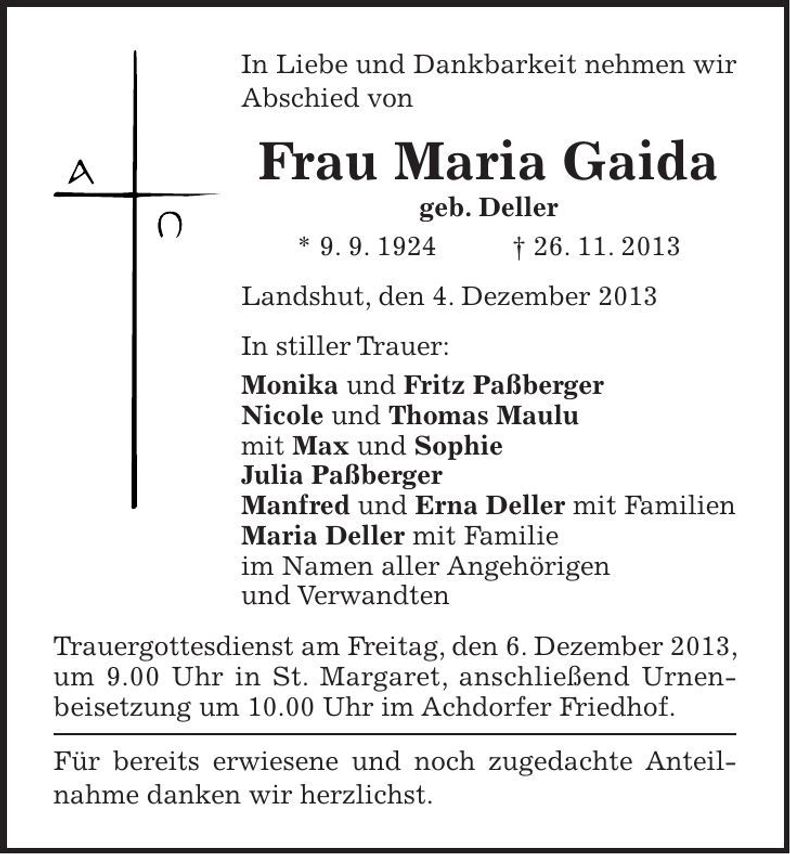 Traueranzeige Maria Gaida