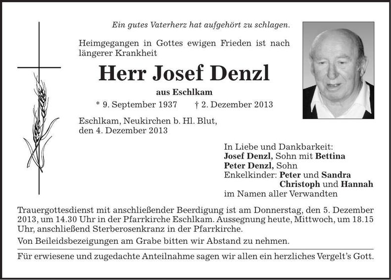 Traueranzeige Josef Denzl