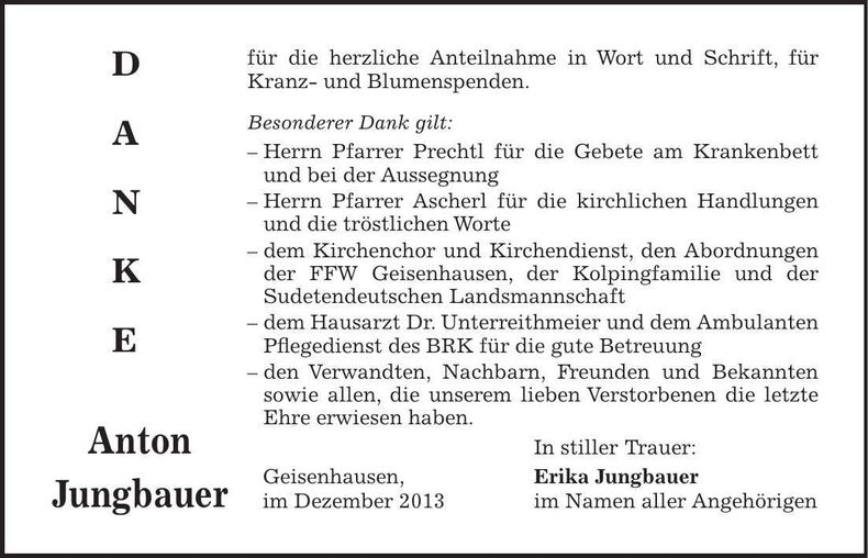 Traueranzeige Jungbauer Anton