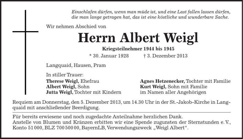 Traueranzeige Albert Weigl