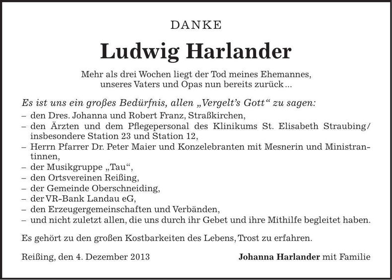 Traueranzeige Ludwig Harlander