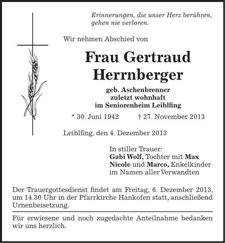 Traueranzeige Gertraud Herrnberger