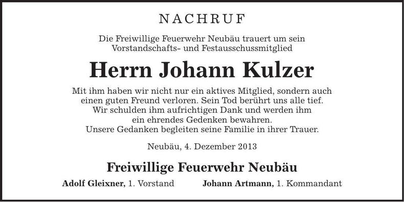Traueranzeige Johann Kulzer