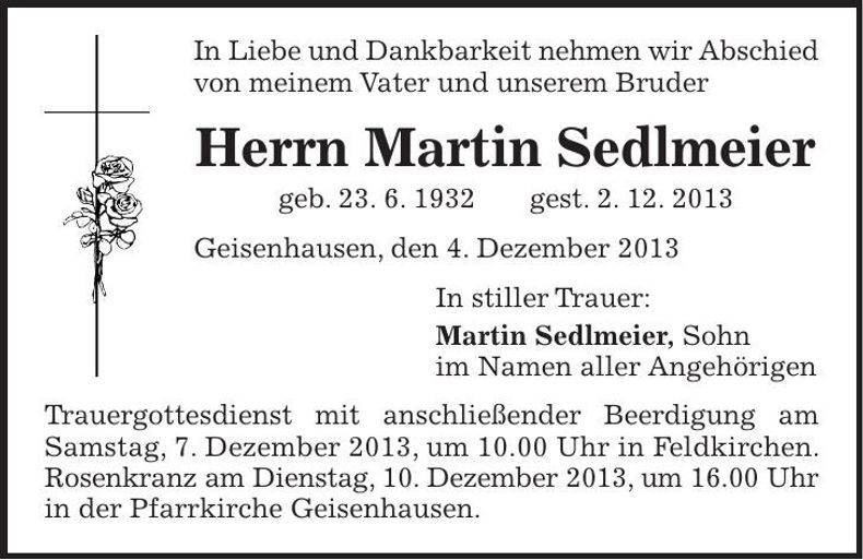 Traueranzeige Martin Sedlmeier