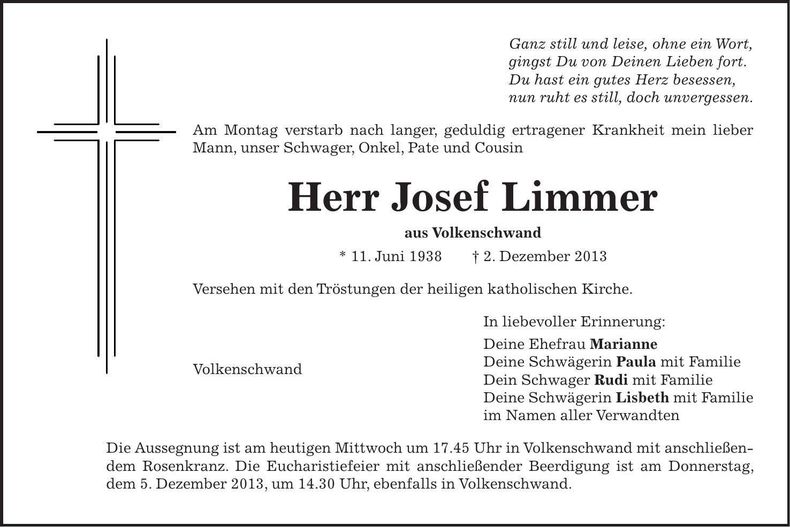Traueranzeige Josef Limmer