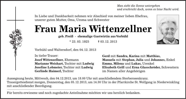 Traueranzeige Maria Wittenzellner