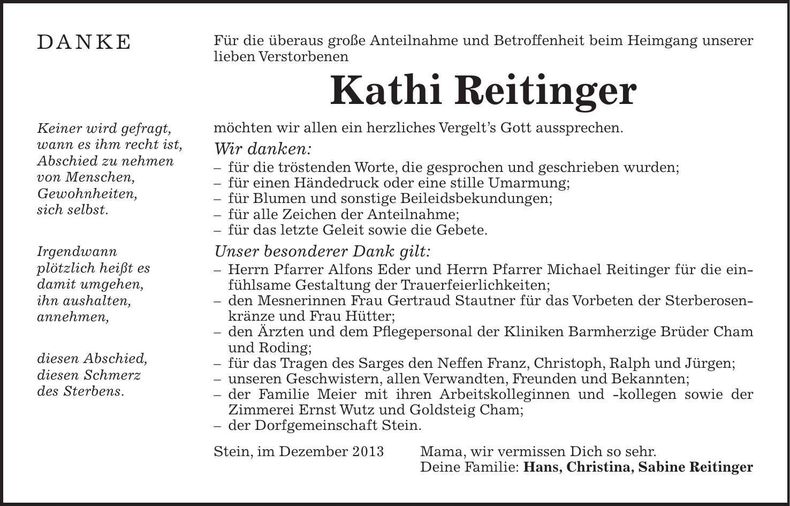 Traueranzeige Kathi Reitinger