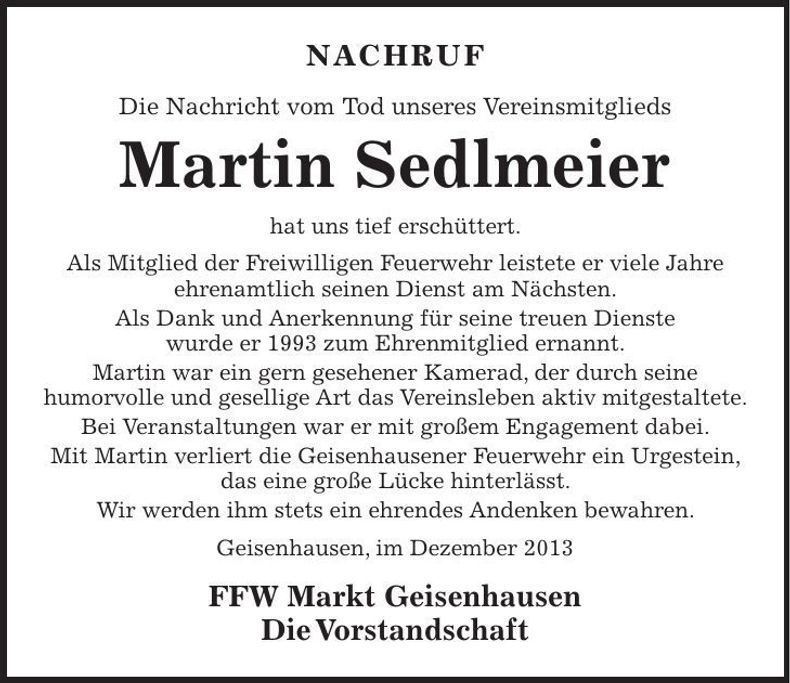 Traueranzeige Martin Sedlmeier