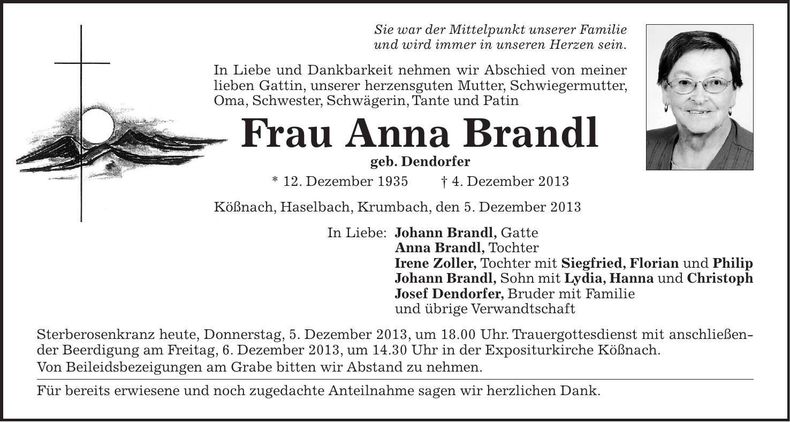 Traueranzeige Anna Brandl