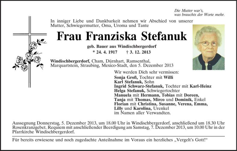 Traueranzeige Franziska Stefanuk