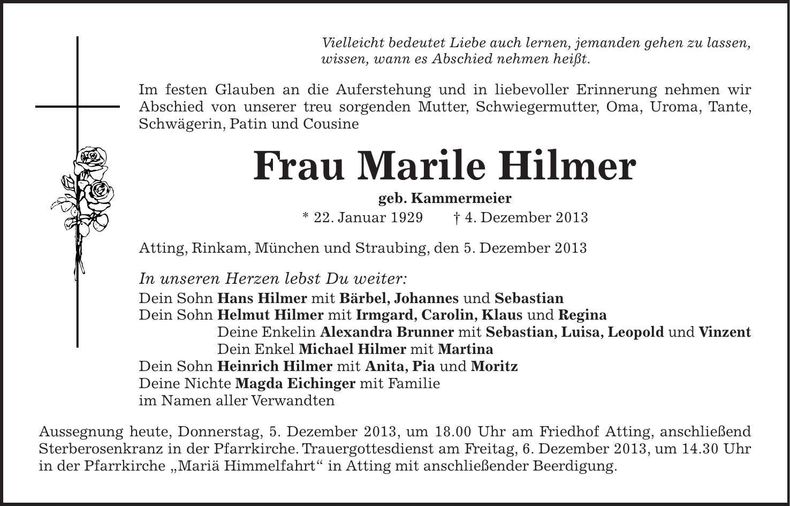 Traueranzeige Marile Hilmer
