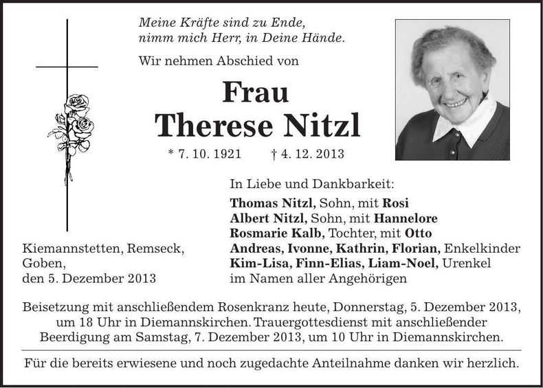 Traueranzeige Therese Nitzl