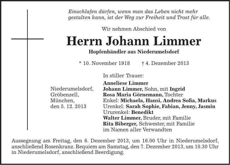 Traueranzeige Johann Limmer