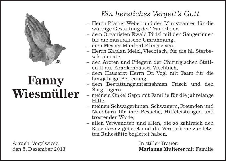 Traueranzeige Fanny Wiesmüller