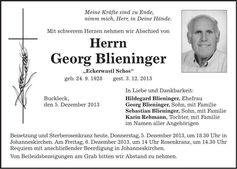 Traueranzeige Georg Blieninger