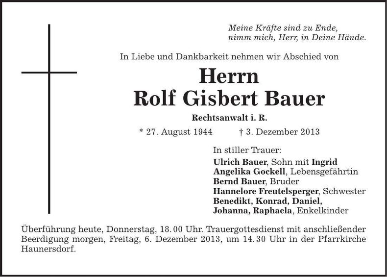 Traueranzeige Rolf Gisbert Bauer
